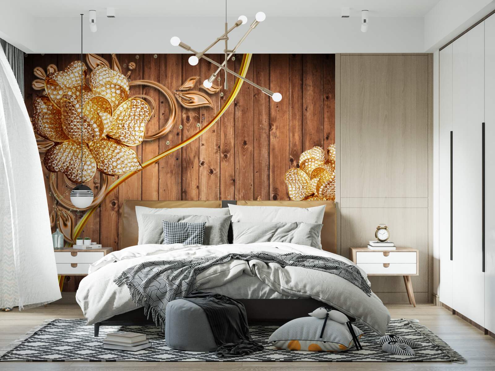 Fotobehang gouden bloemen en takken aan een boom