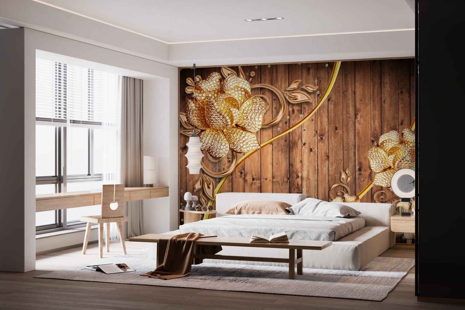 Fotobehang gouden bloemen en takken aan een boom