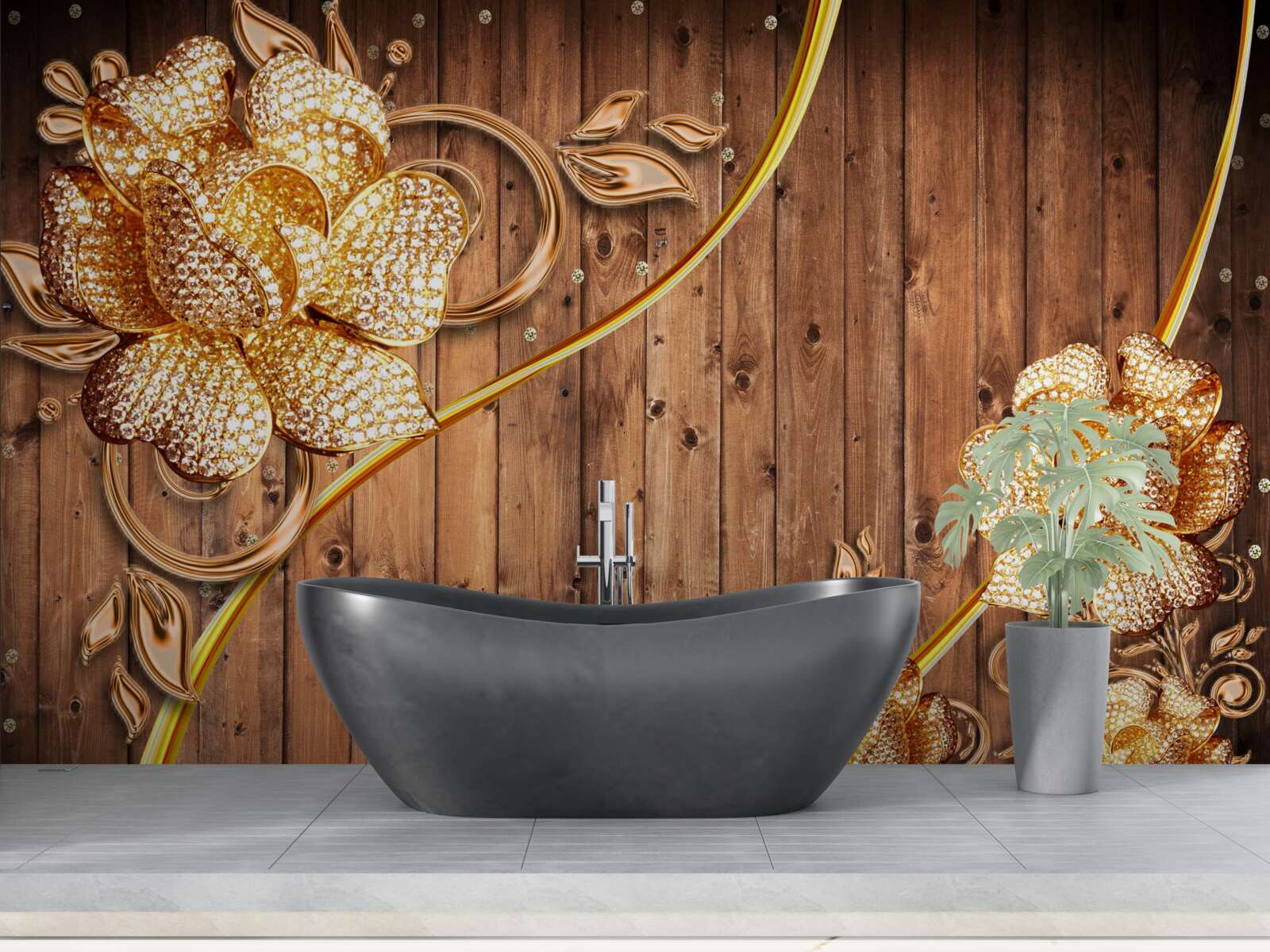 Fotobehang gouden bloemen en takken aan een boom