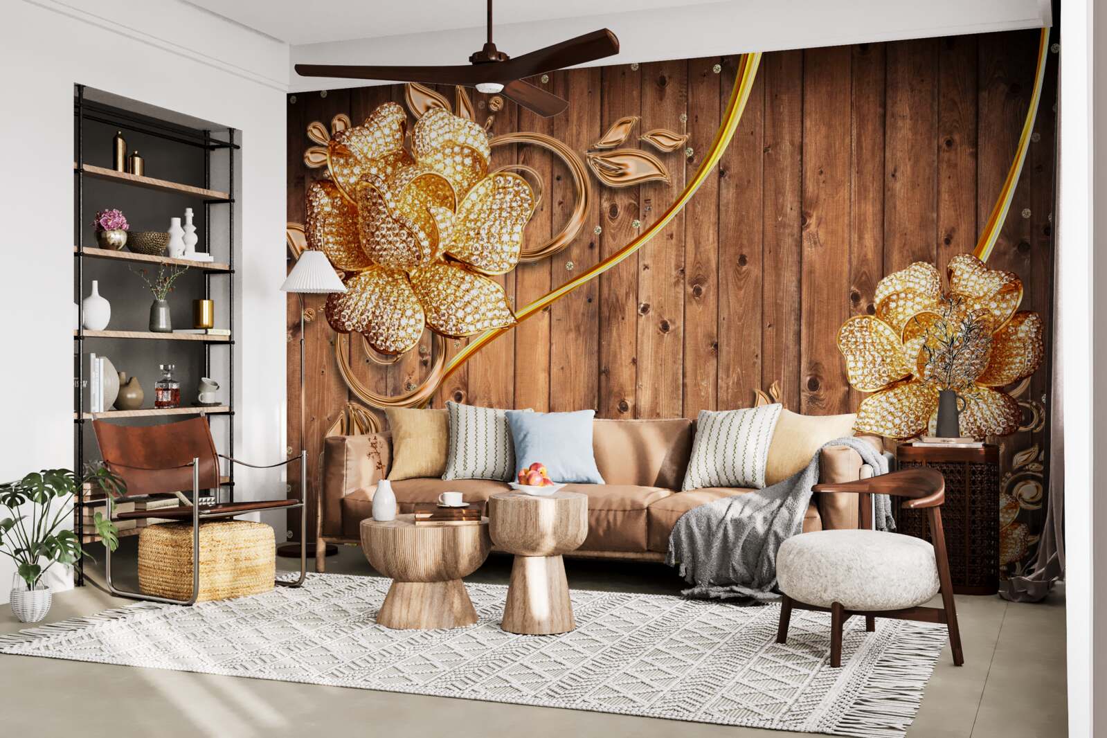 Fotobehang gouden bloemen en takken aan een boom