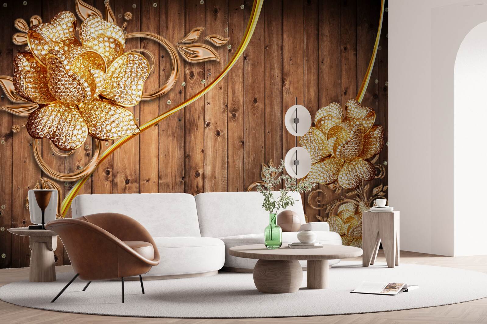 Fotobehang gouden bloemen en takken aan een boom