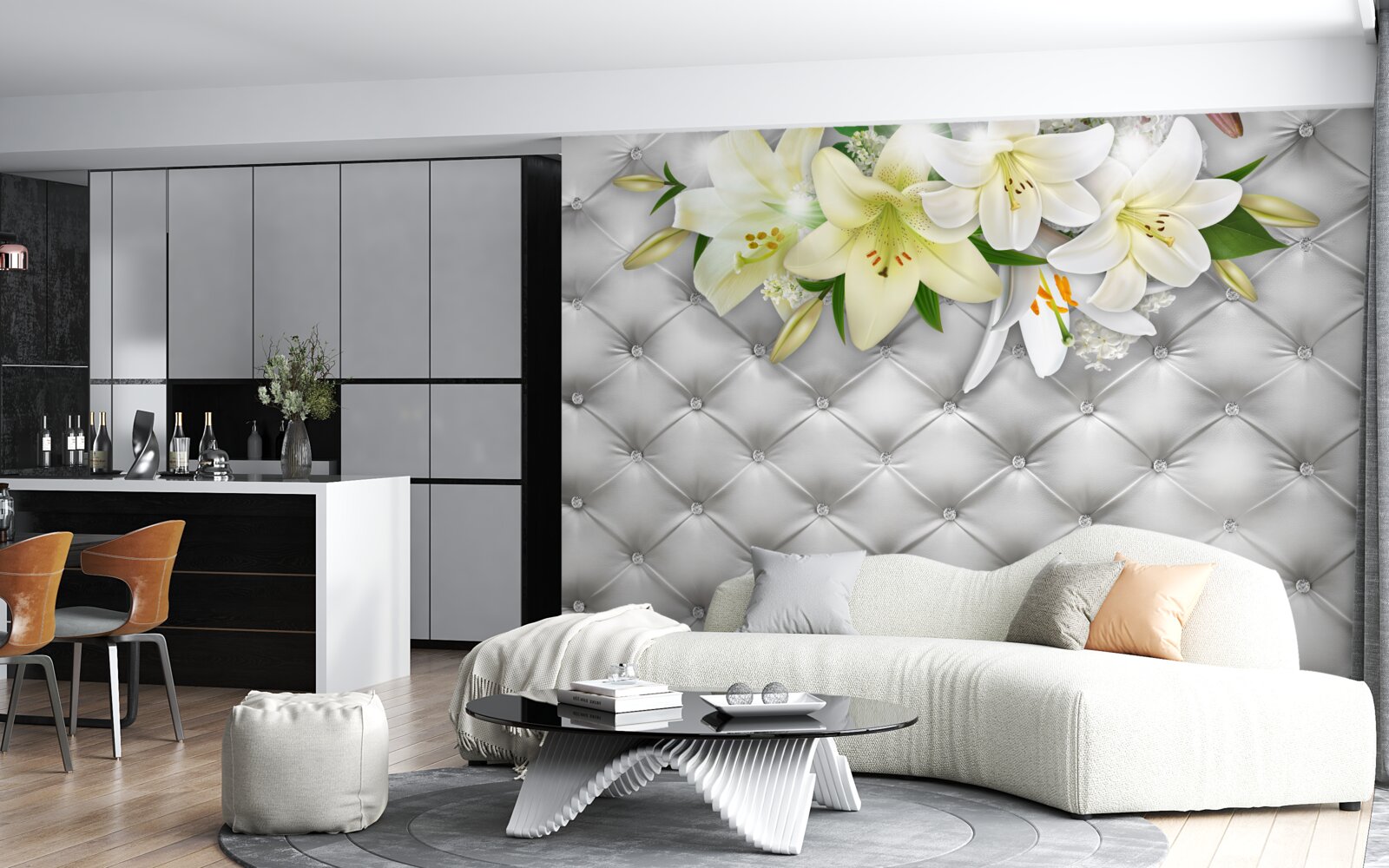 Fotobehang stof met parels in een wit bloemenpatroon