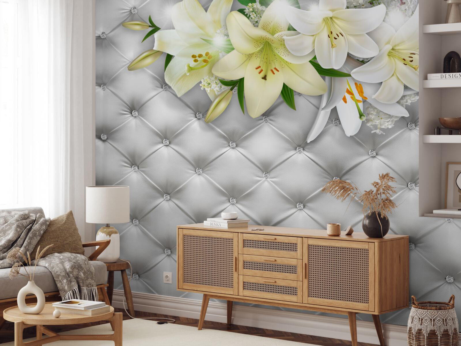 Fotobehang stof met parels in een wit bloemenpatroon