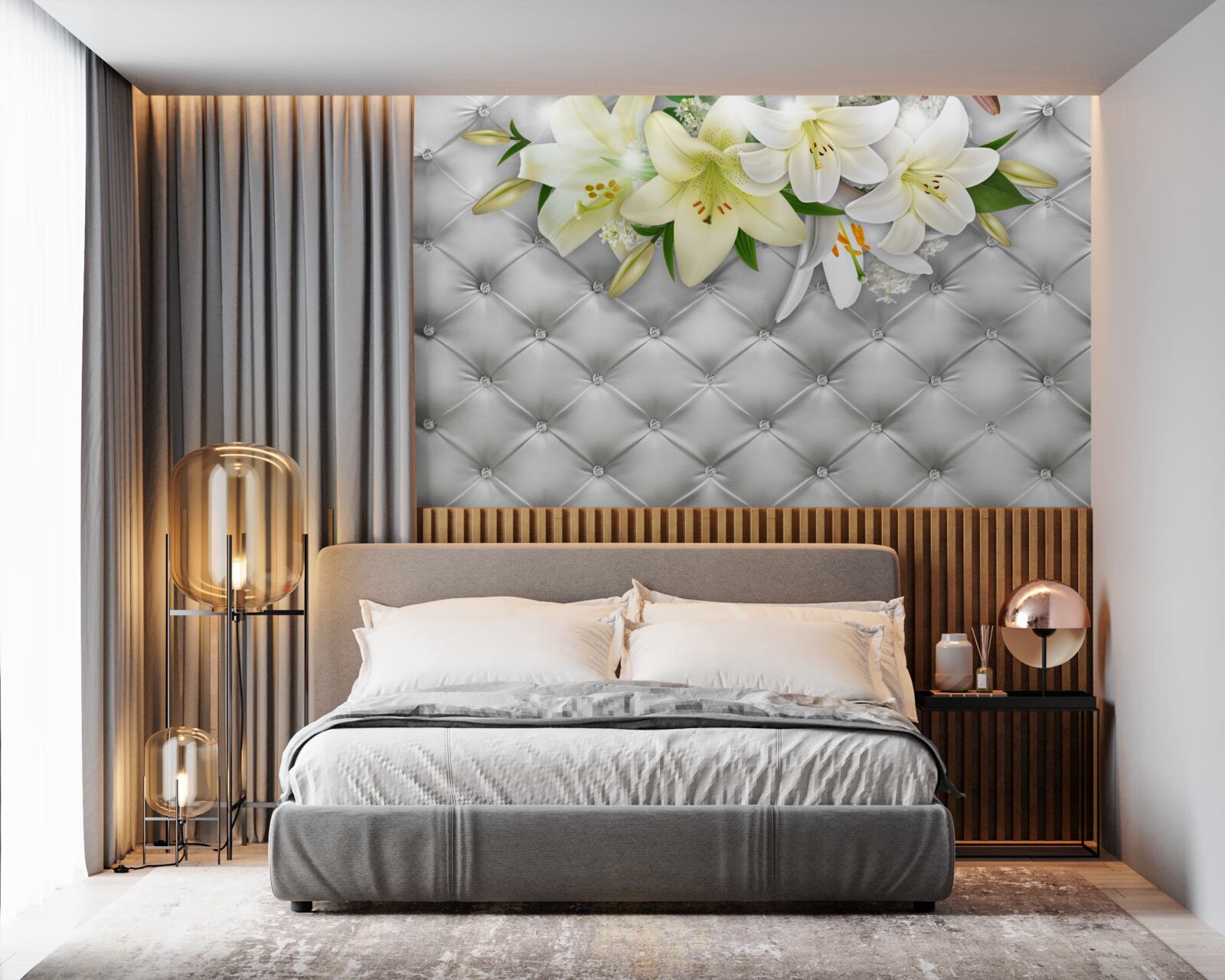 Fotobehang stof met parels in een wit bloemenpatroon