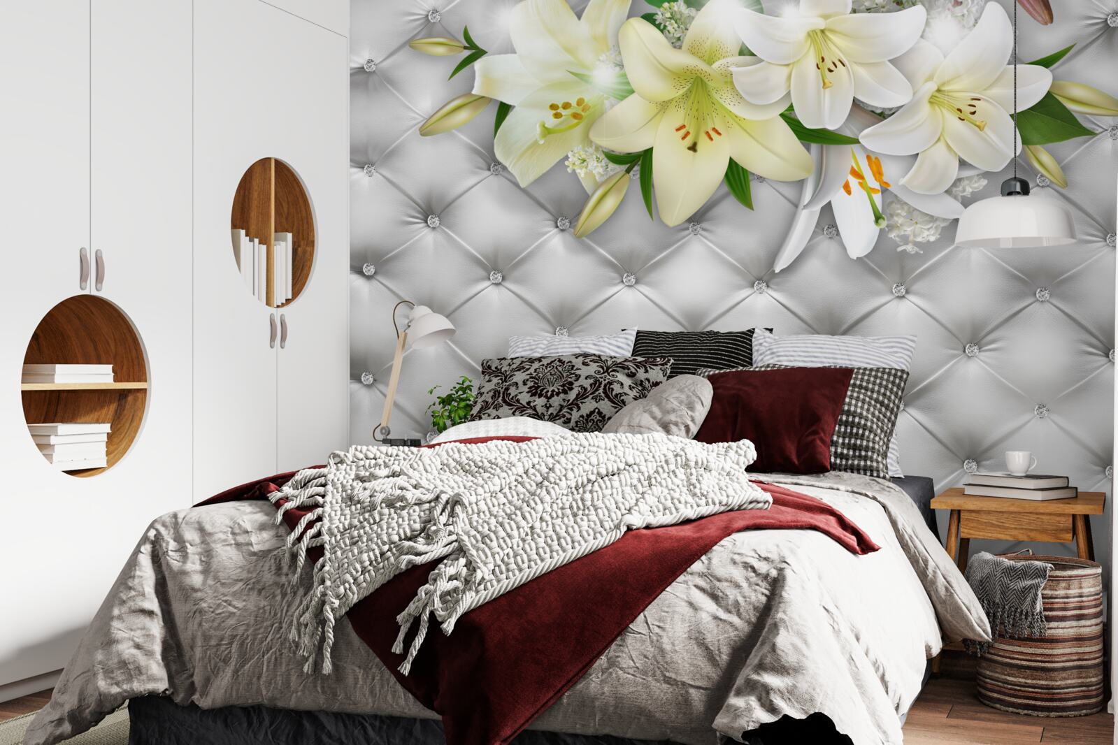 Fotobehang stof met parels in een wit bloemenpatroon