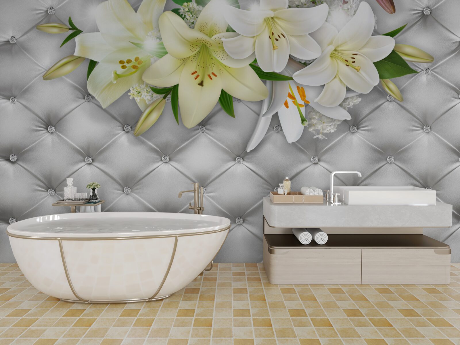 Fotobehang stof met parels in een wit bloemenpatroon