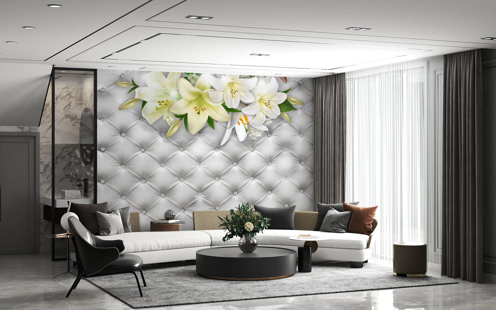 Fotobehang stof met parels in een wit bloemenpatroon