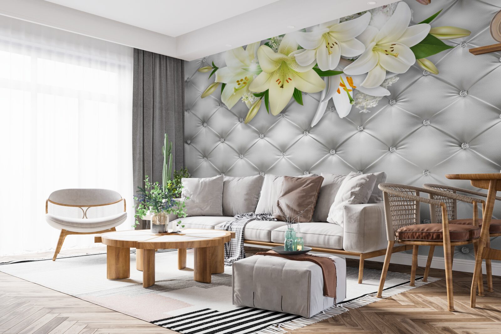 Fotobehang stof met parels in een wit bloemenpatroon