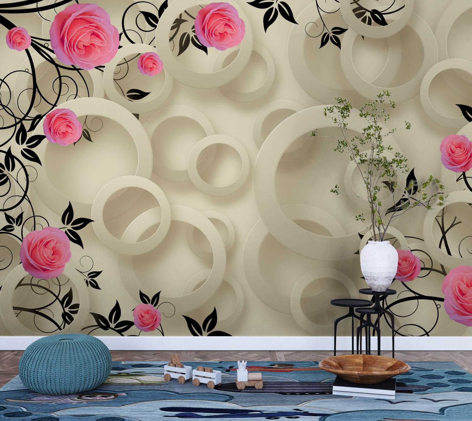 Fotobehang zwarte rozenblaadjes op abstracte achtergrond