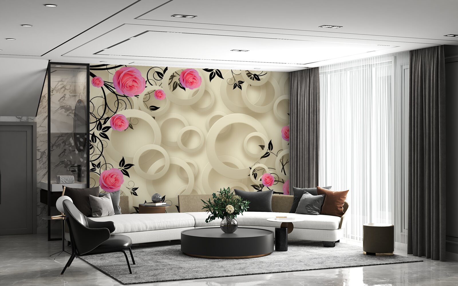 Fotobehang zwarte rozenblaadjes op abstracte achtergrond