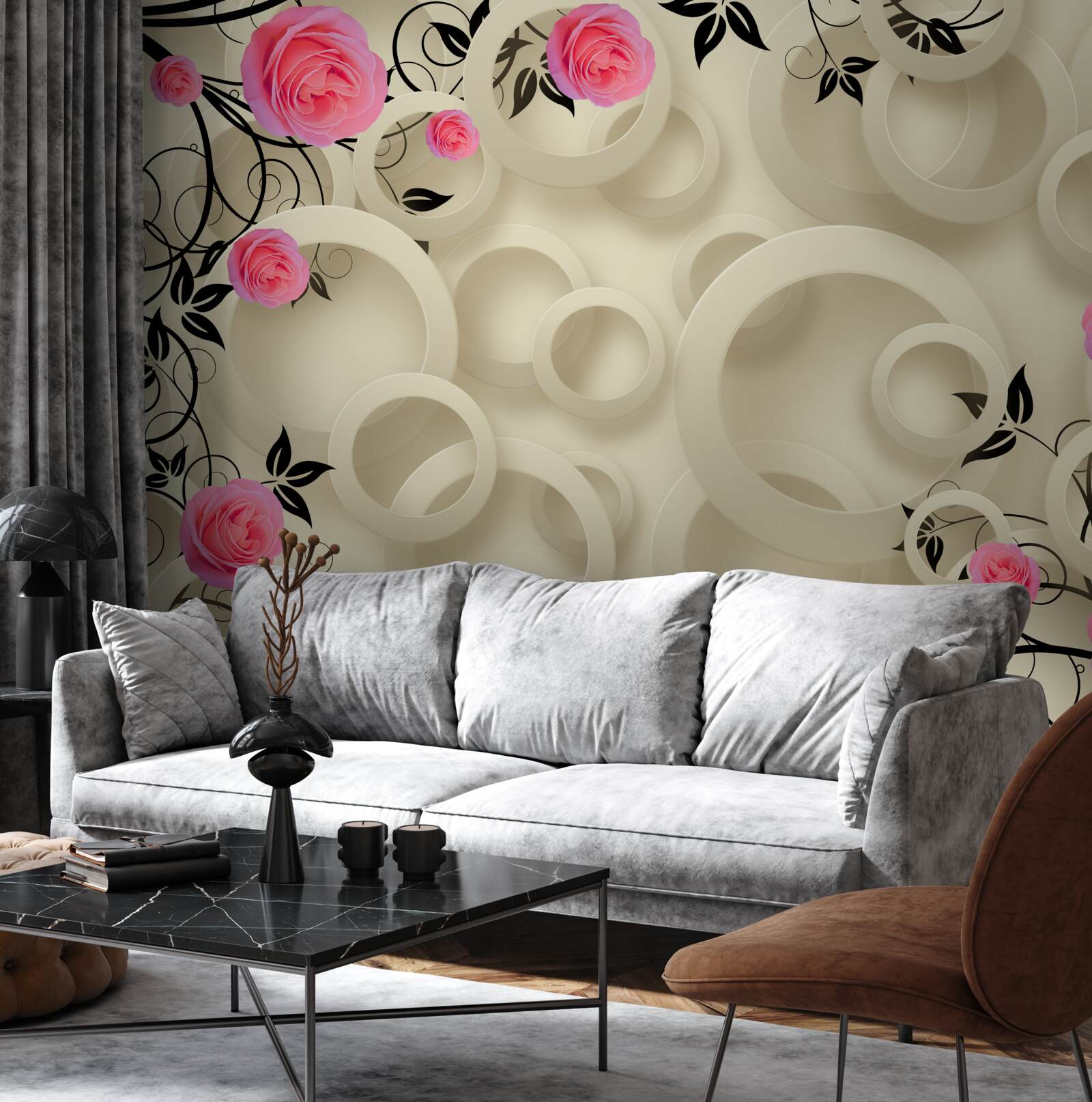 Fotobehang zwarte rozenblaadjes op abstracte achtergrond