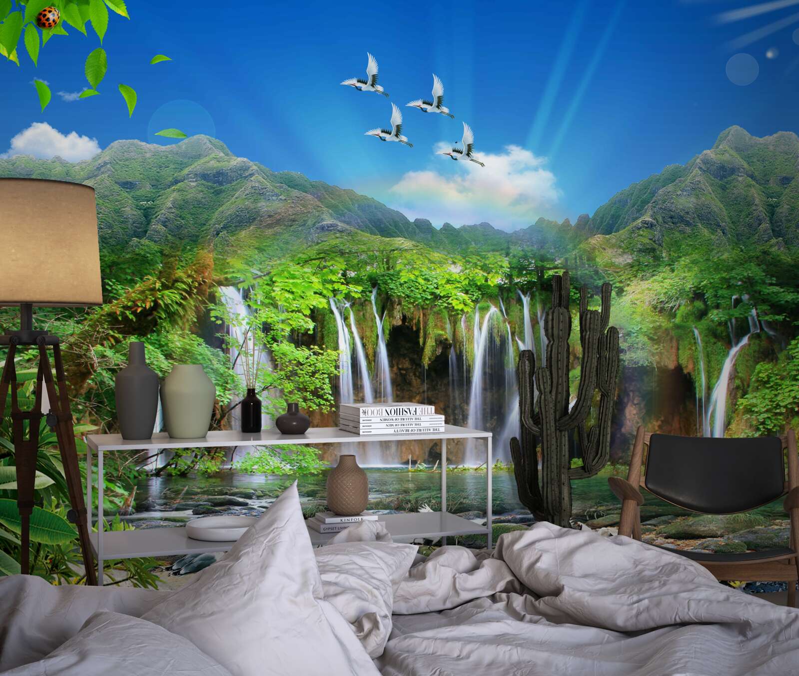 Fotobehang vogels vliegen over watervallen in tropische gebieden