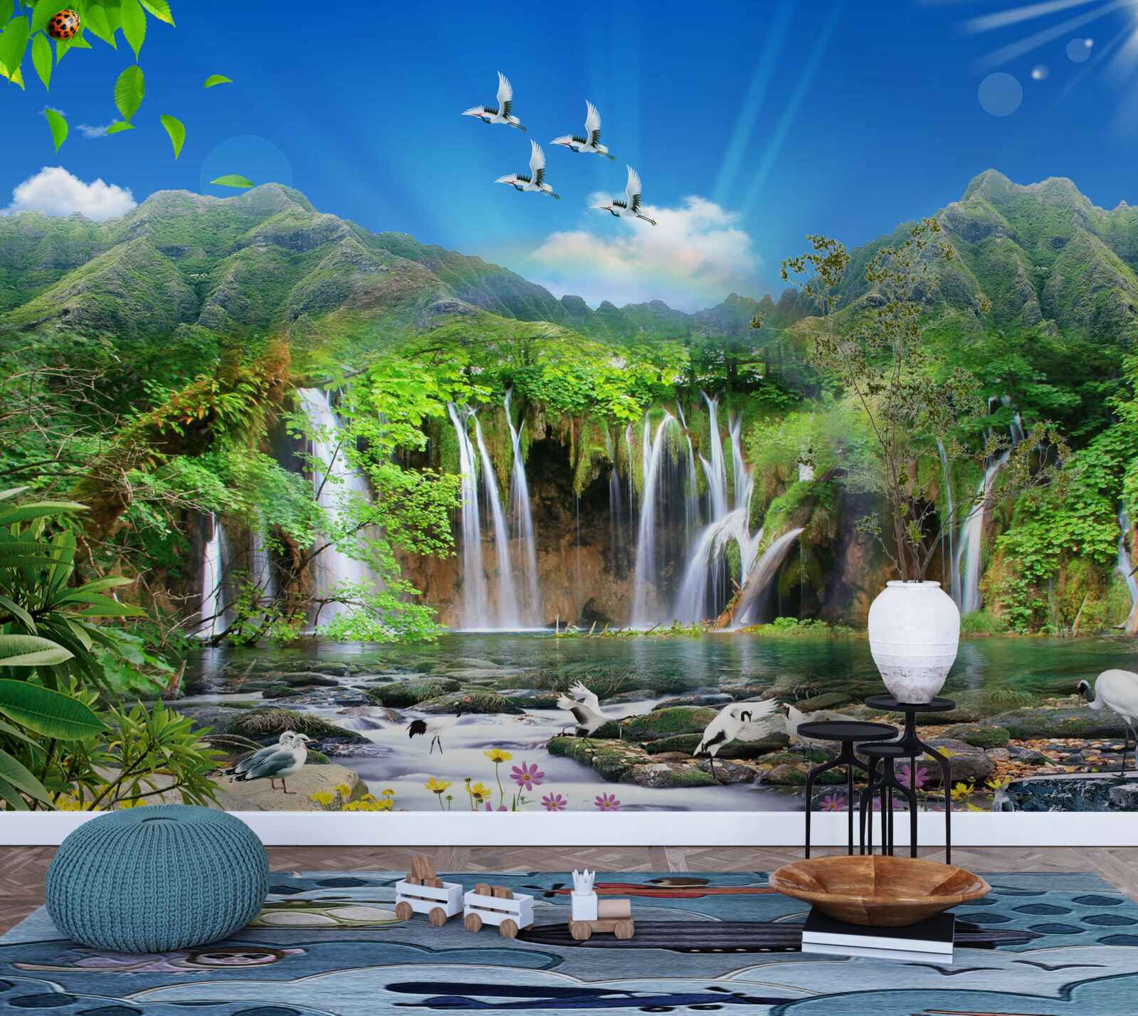 Fotobehang vogels vliegen over watervallen in tropische gebieden