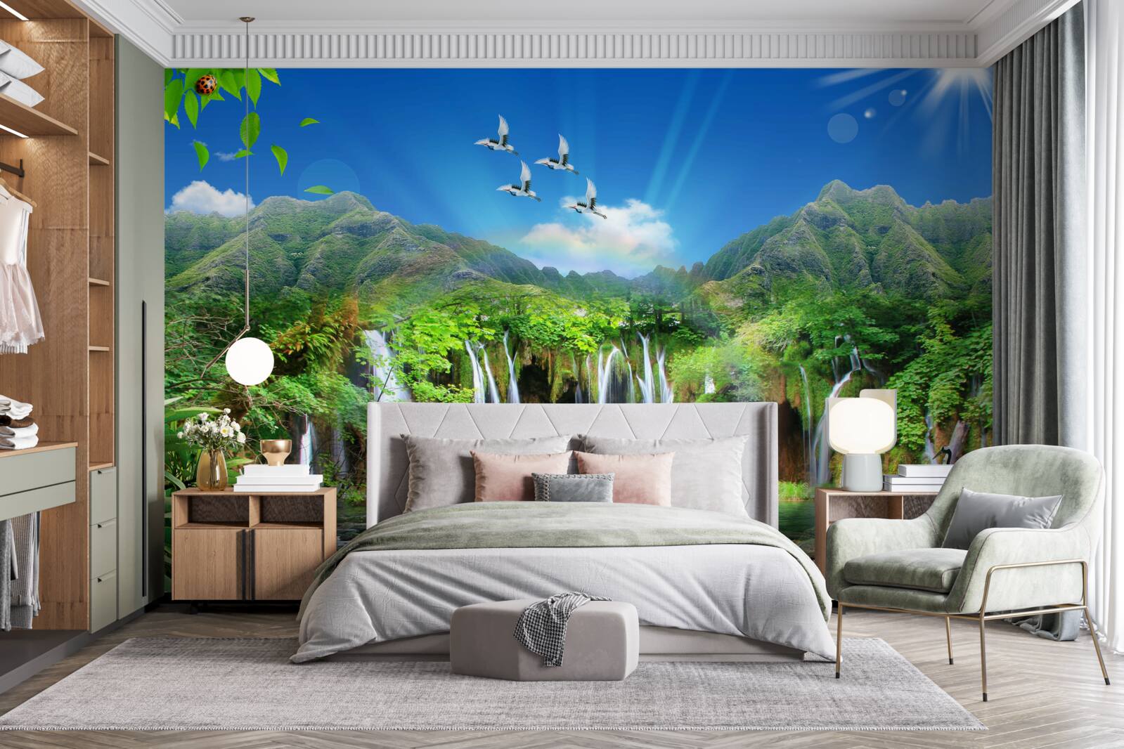 Fotobehang vogels vliegen over watervallen in tropische gebieden