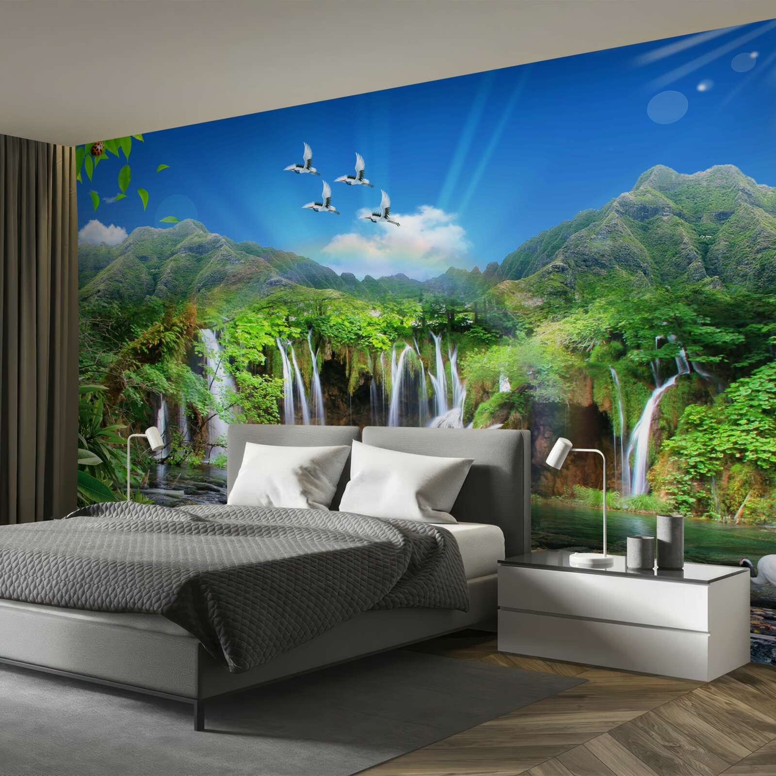 Fotobehang vogels vliegen over watervallen in tropische gebieden