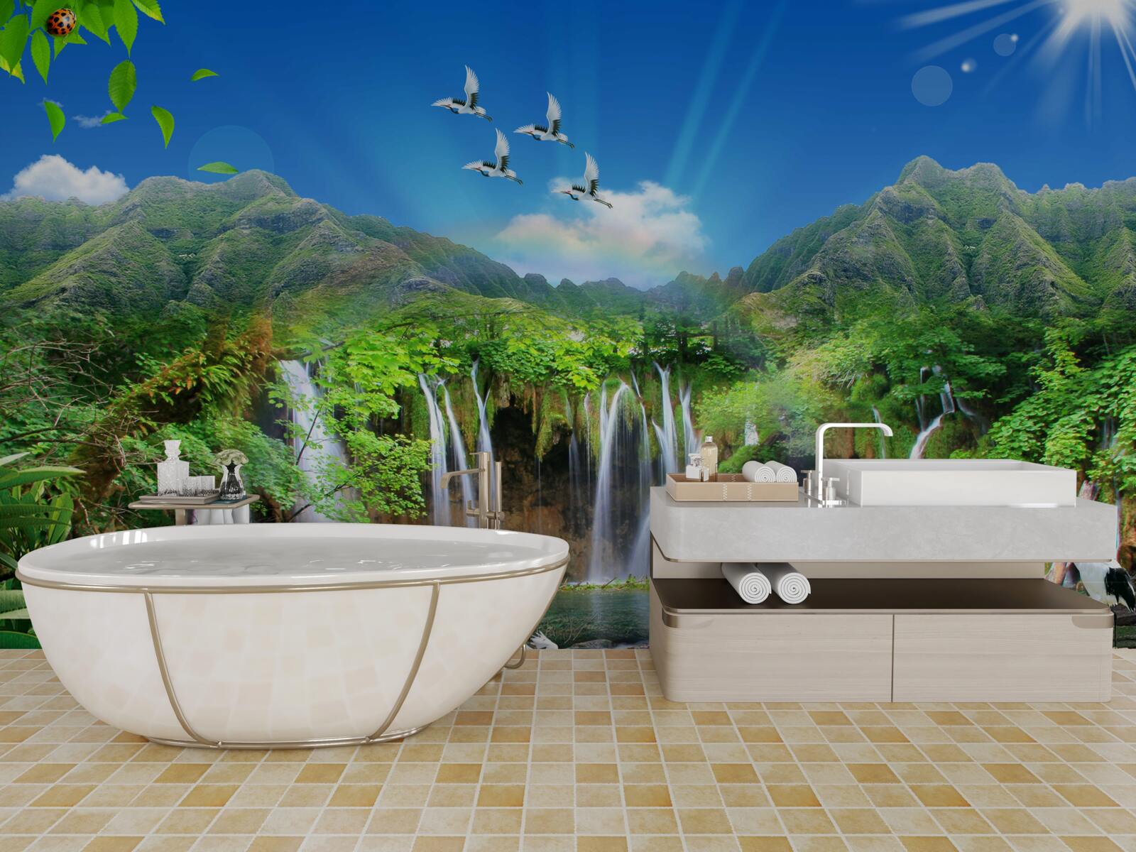 Fotobehang vogels vliegen over watervallen in tropische gebieden