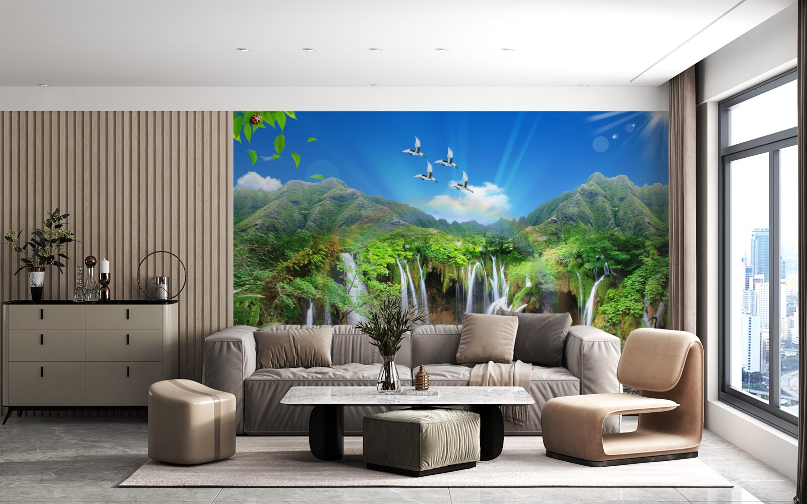 Fotobehang vogels vliegen over watervallen in tropische gebieden