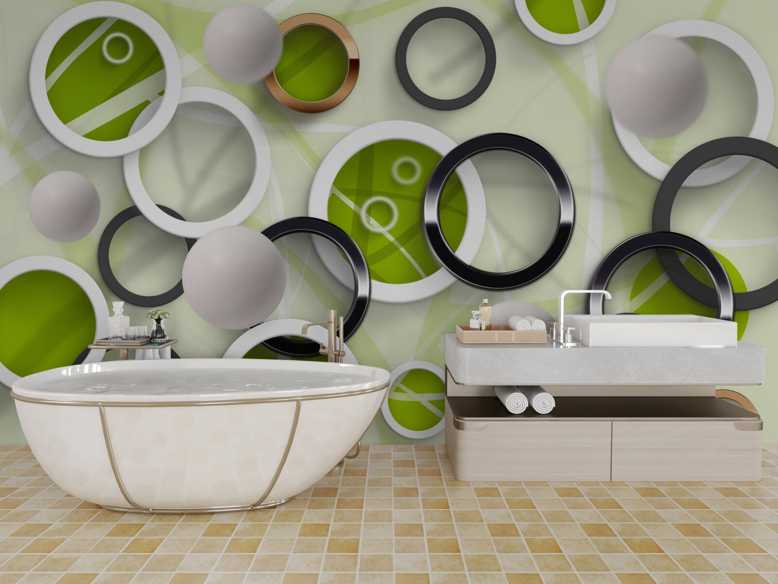 Fotobehang abstracte cirkels met groene elementen