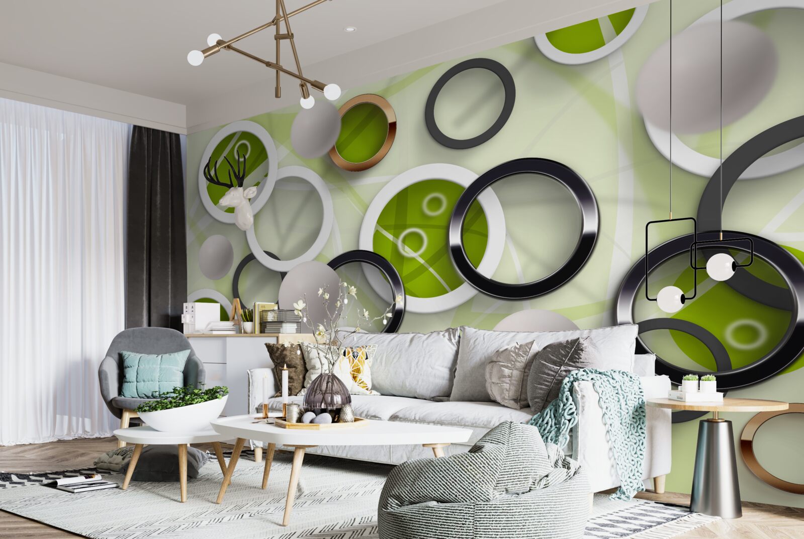 Fotobehang abstracte cirkels met groene elementen