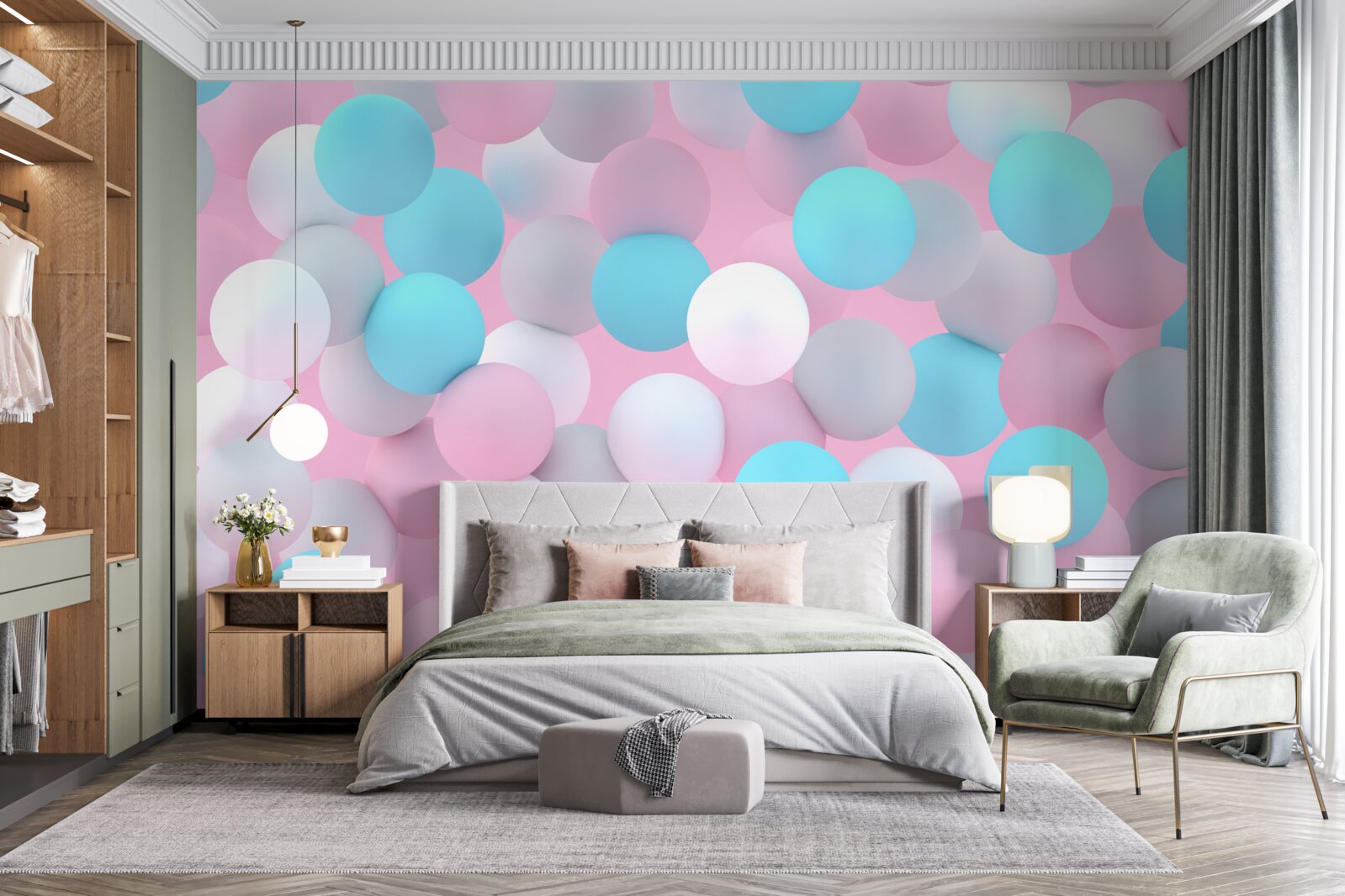 Fotobehang ballen van alle kleuren drijven in het zwembad