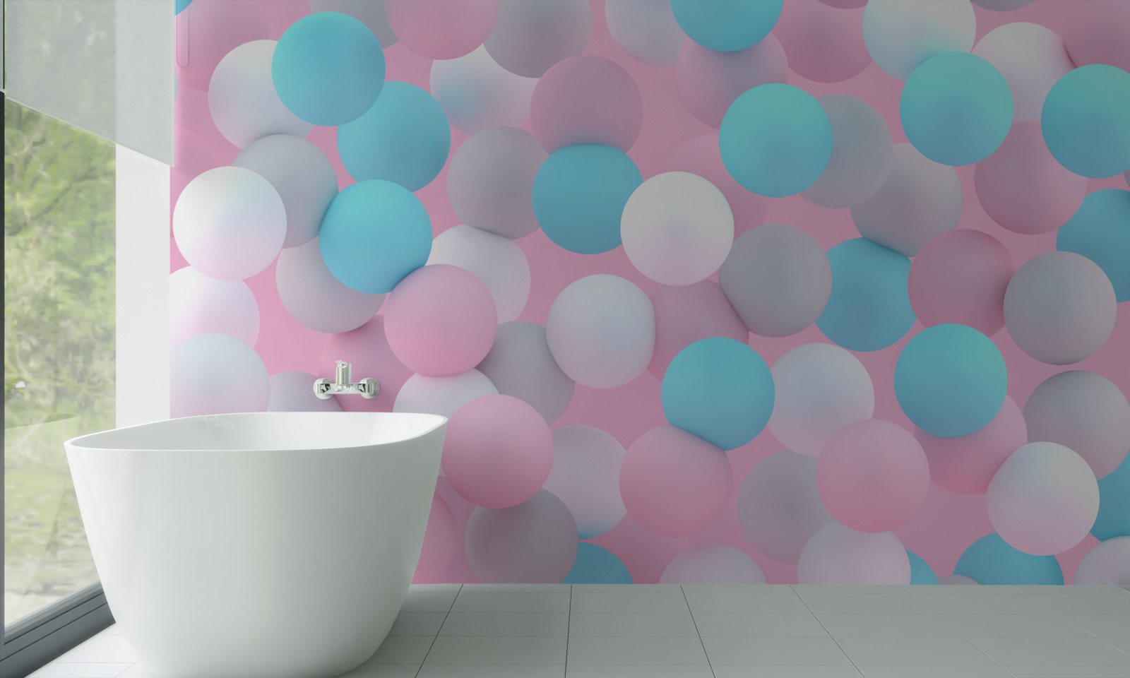 Fotobehang ballen van alle kleuren drijven in het zwembad