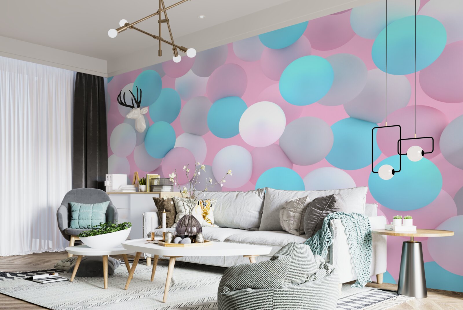 Fotobehang ballen van alle kleuren drijven in het zwembad