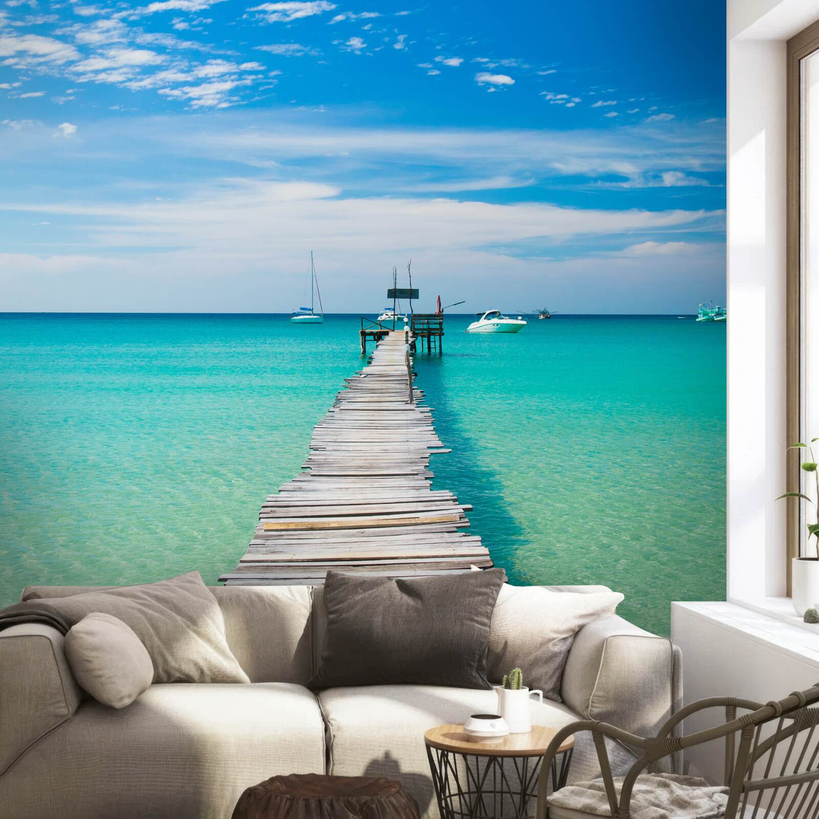 Fotobehang houten brug over turquoise water