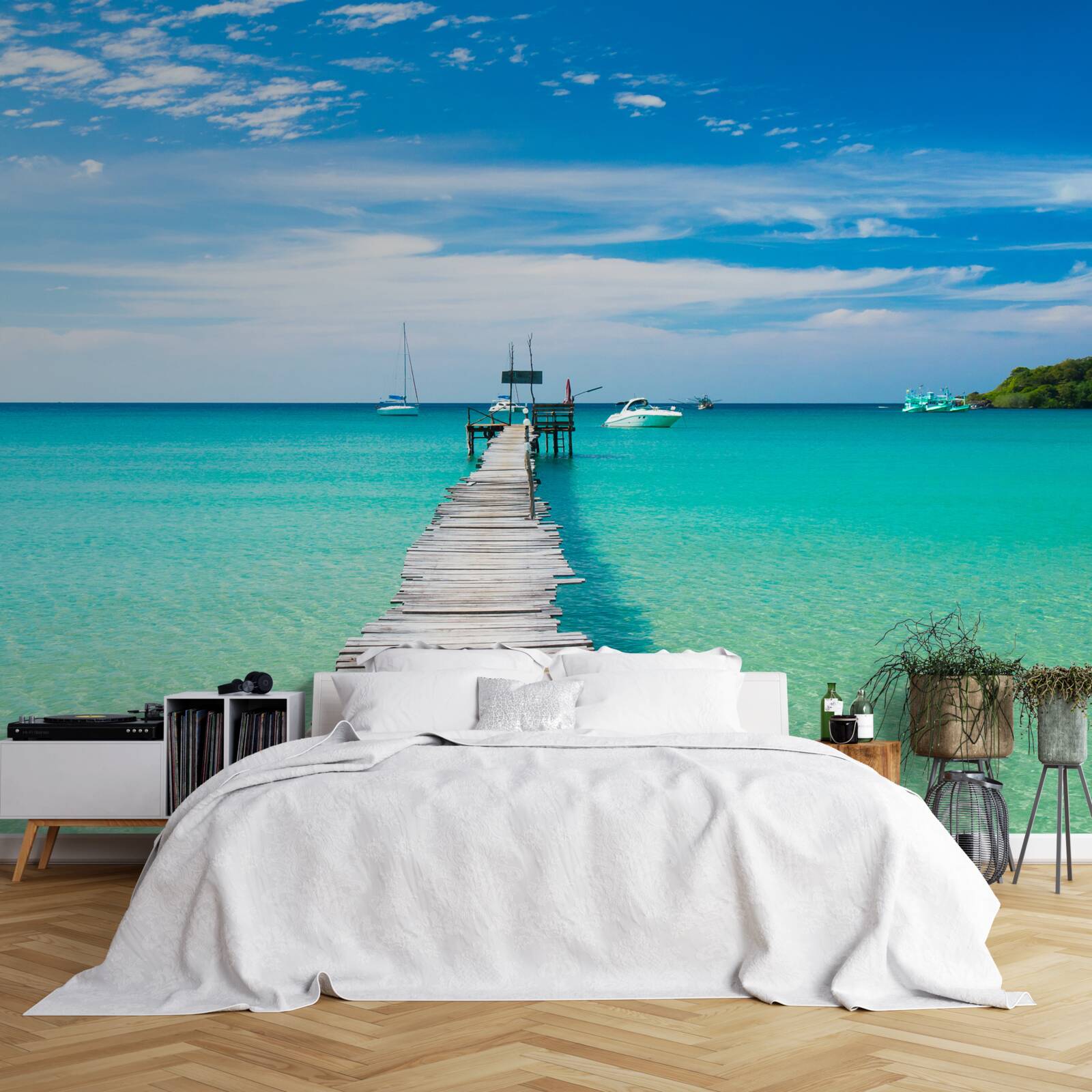 Fotobehang houten brug over turquoise water