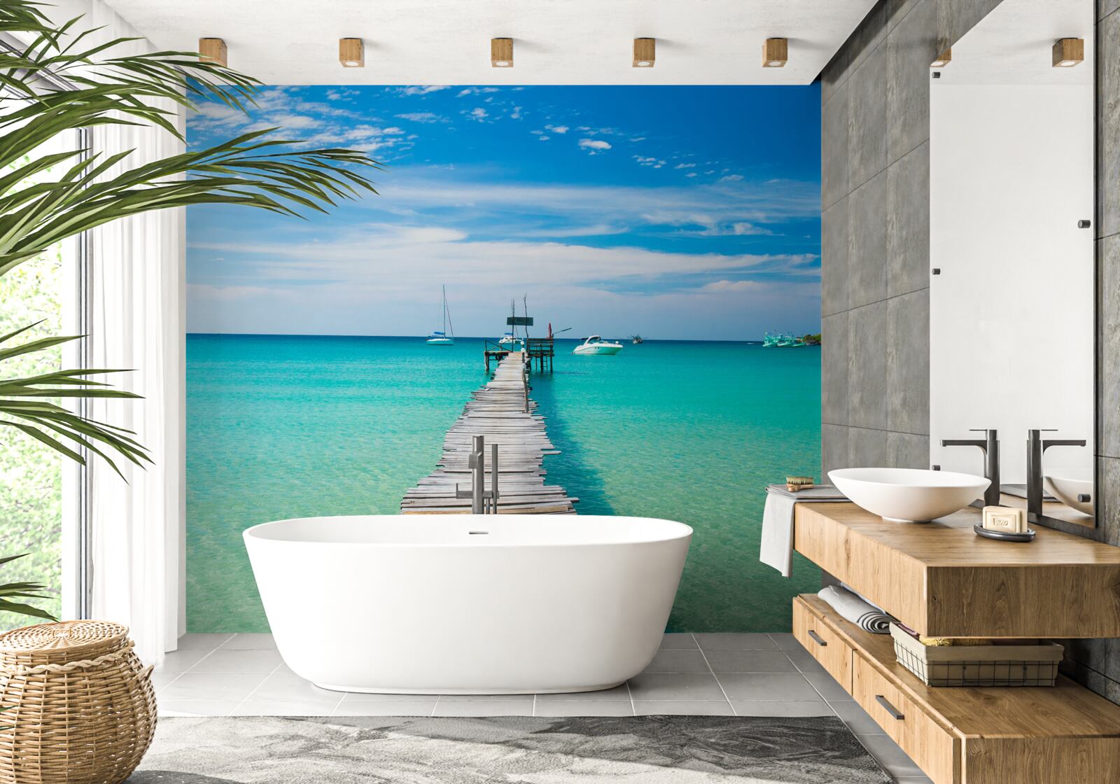 Fotobehang houten brug over turquoise water