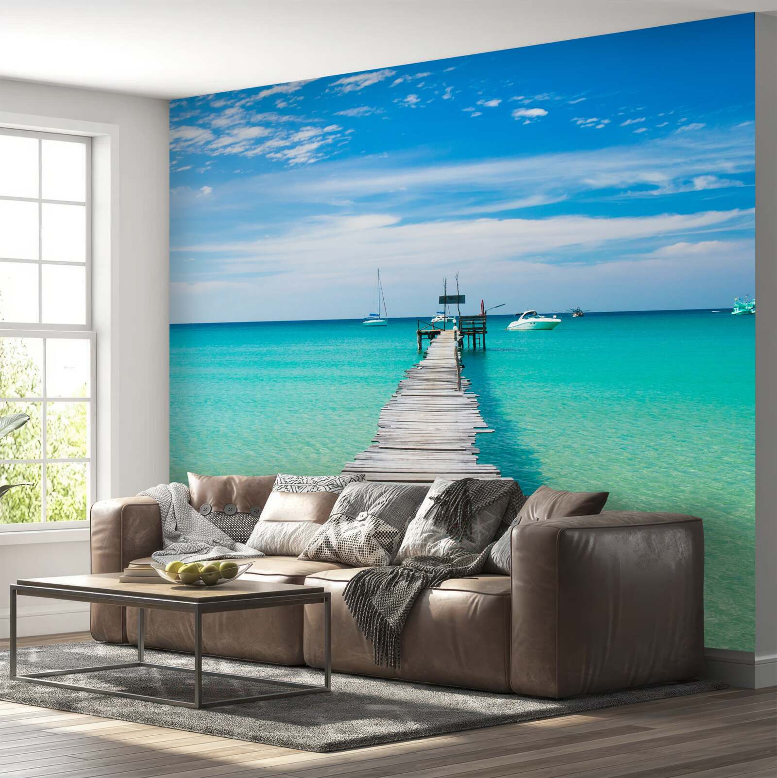 Fotobehang houten brug over turquoise water