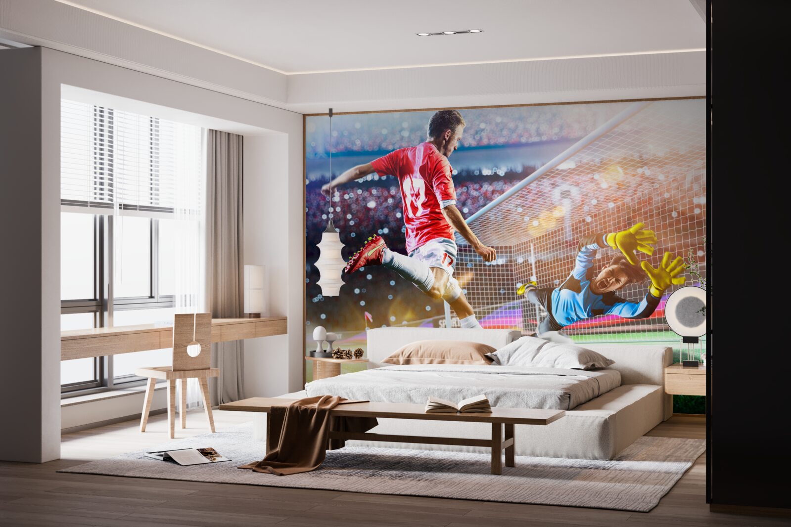 Fotobehang speler schiet op doel