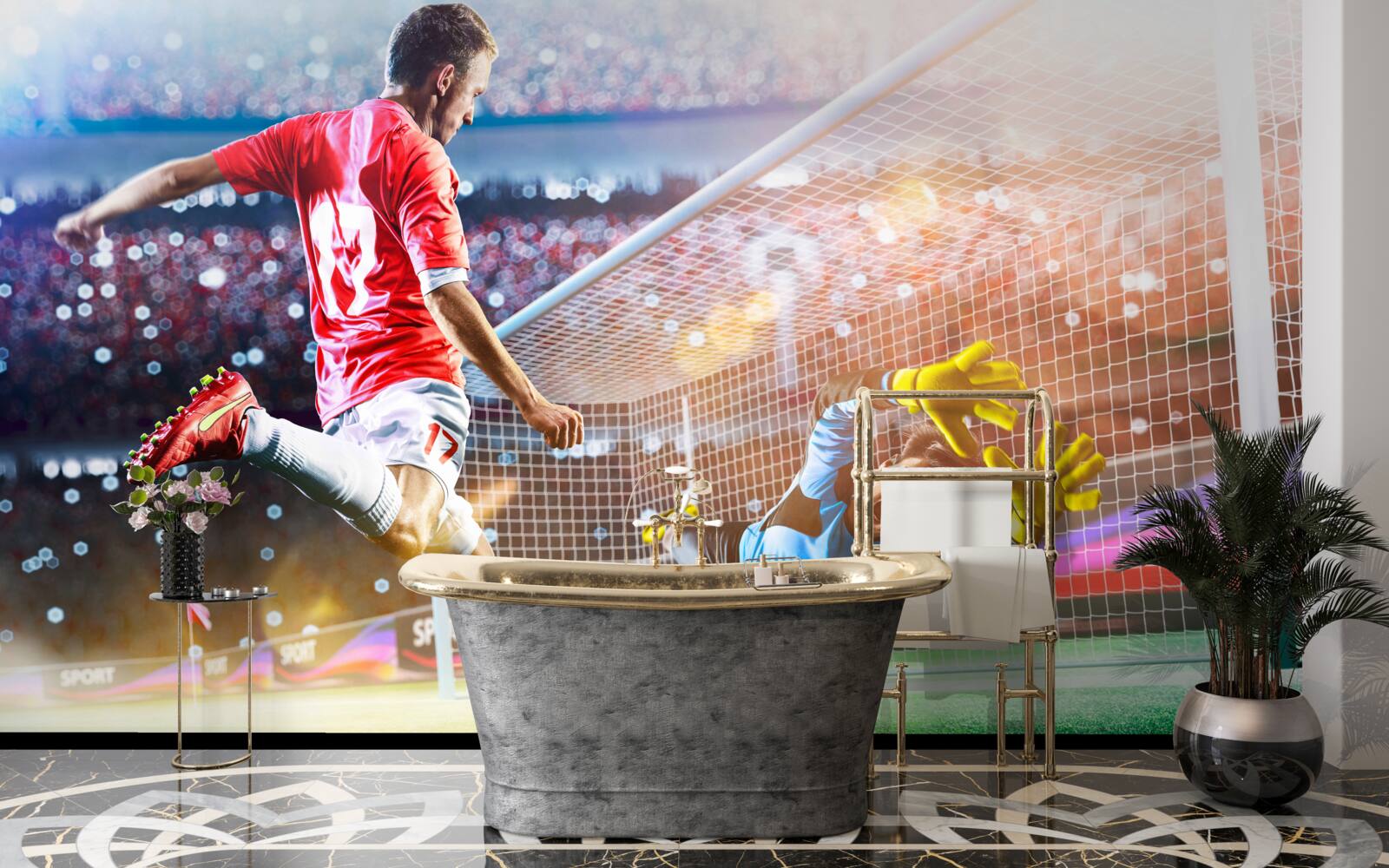 Fotobehang speler schiet op doel