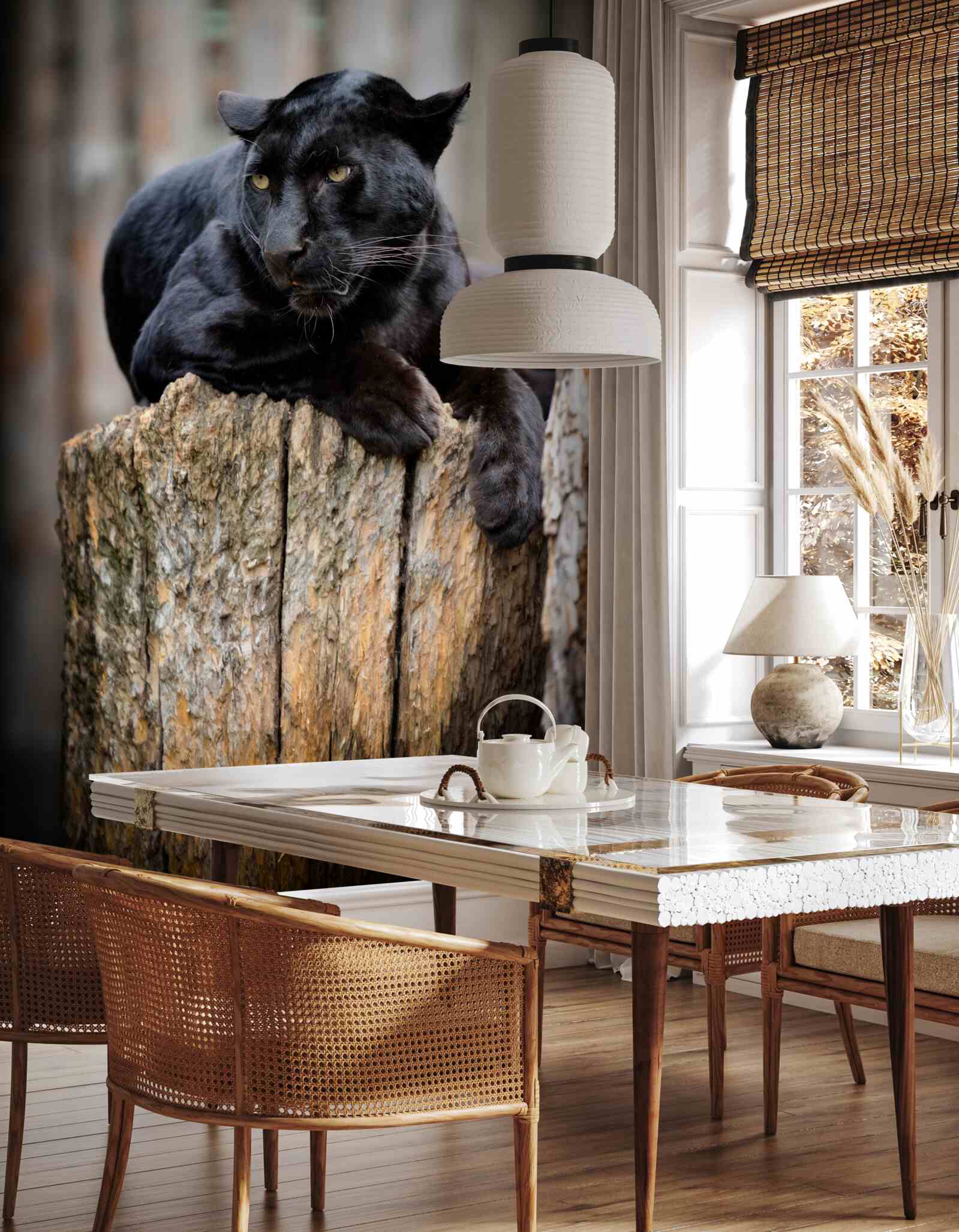 Fotobehang een zwarte panter zit op een boom