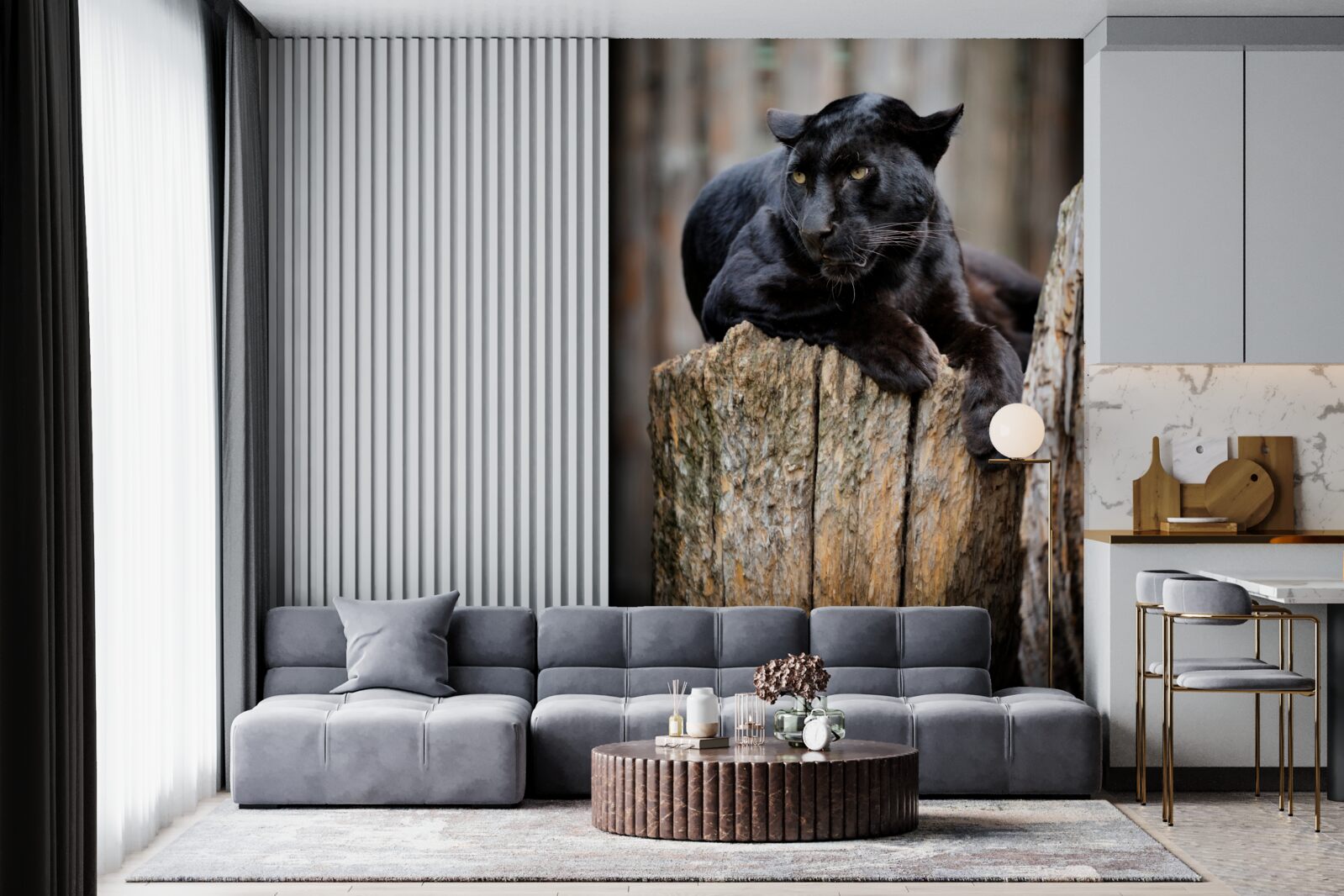 Fotobehang een zwarte panter zit op een boom