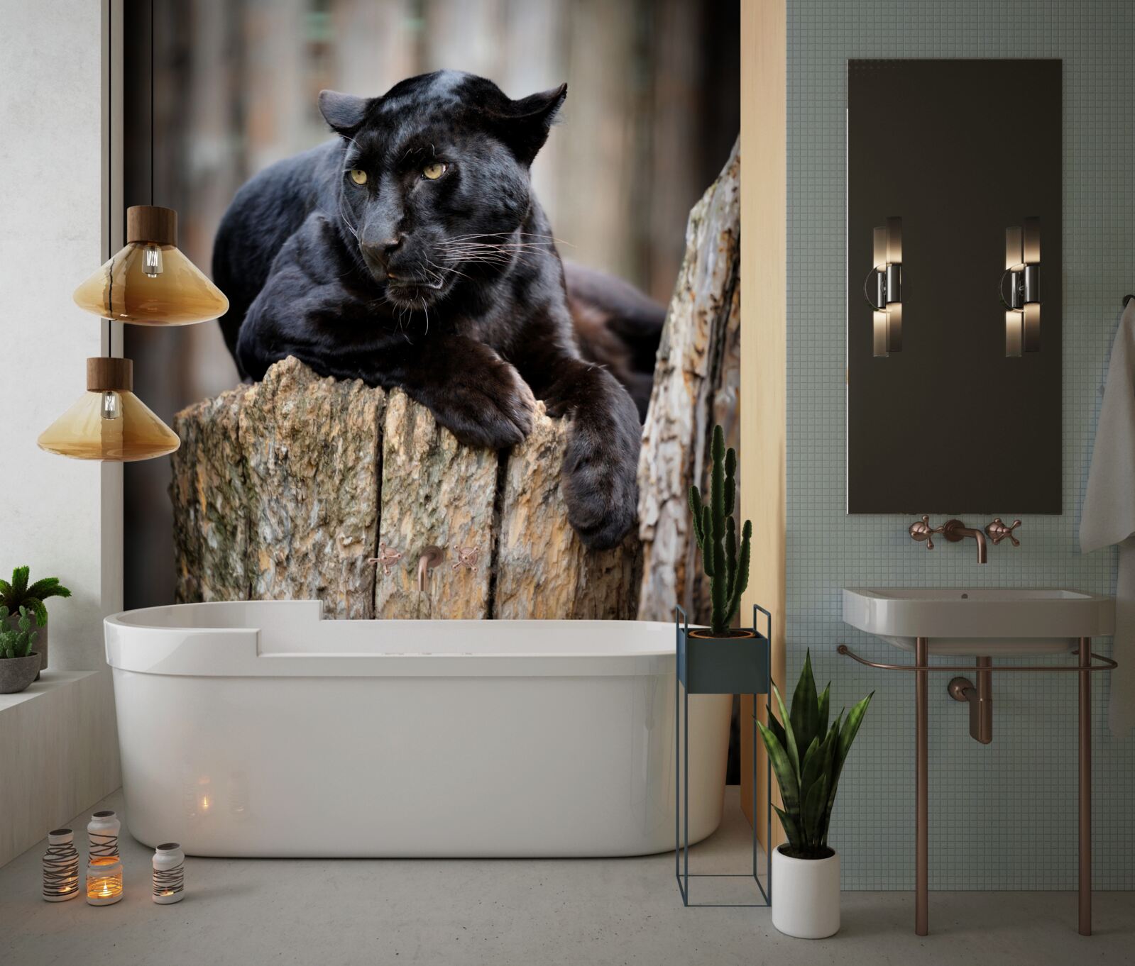 Fotobehang een zwarte panter zit op een boom