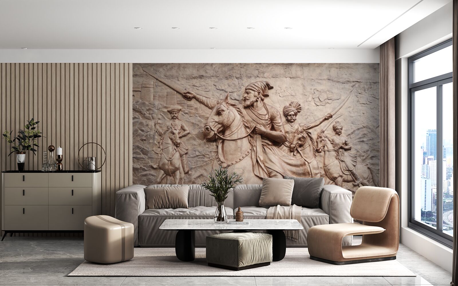 Fotobehang reliëf met krijgers te paard