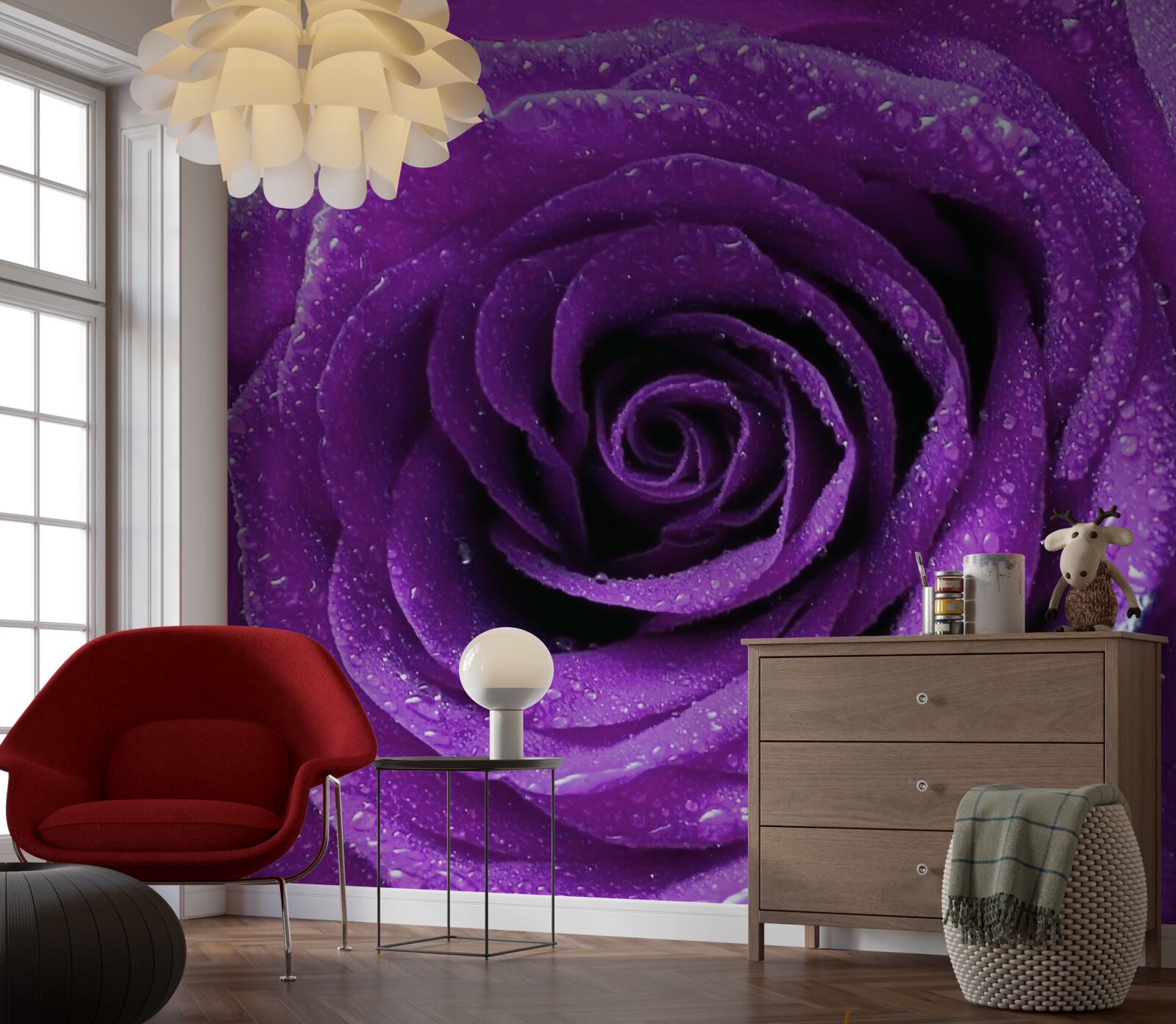 Fotobehang grote dauwdruppels op de bloemblaadjes van een lila roos