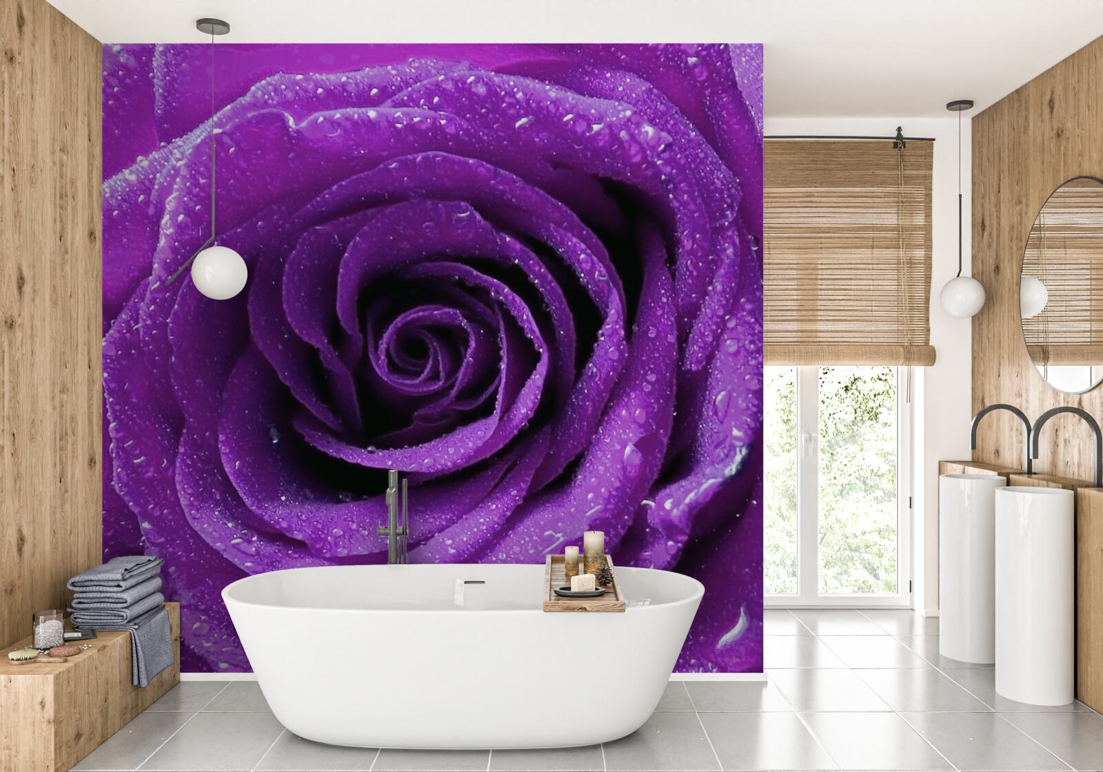 Fotobehang grote dauwdruppels op de bloemblaadjes van een lila roos