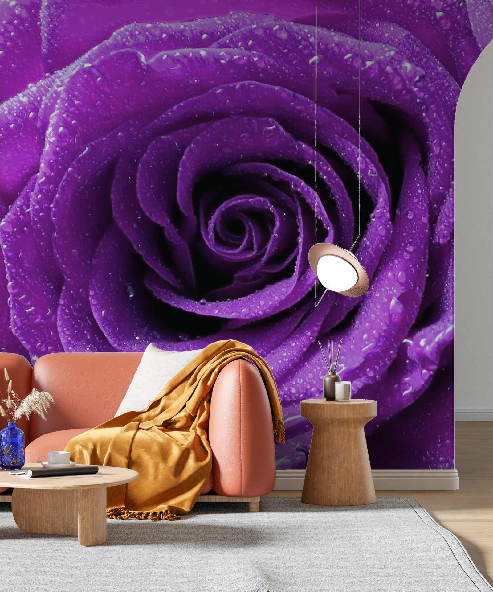 Fotobehang grote dauwdruppels op de bloemblaadjes van een lila roos