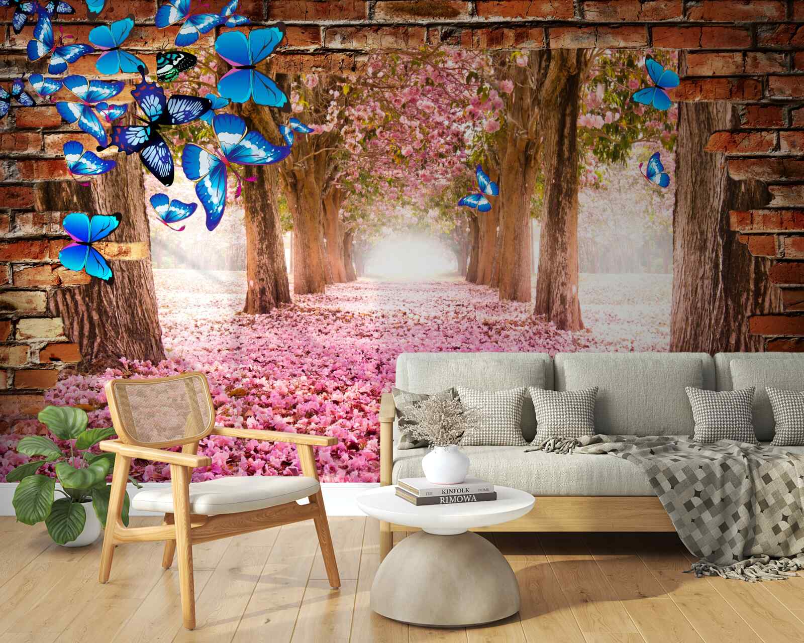 Fotobehang sakura trekt vlinders aan met zijn bloemen