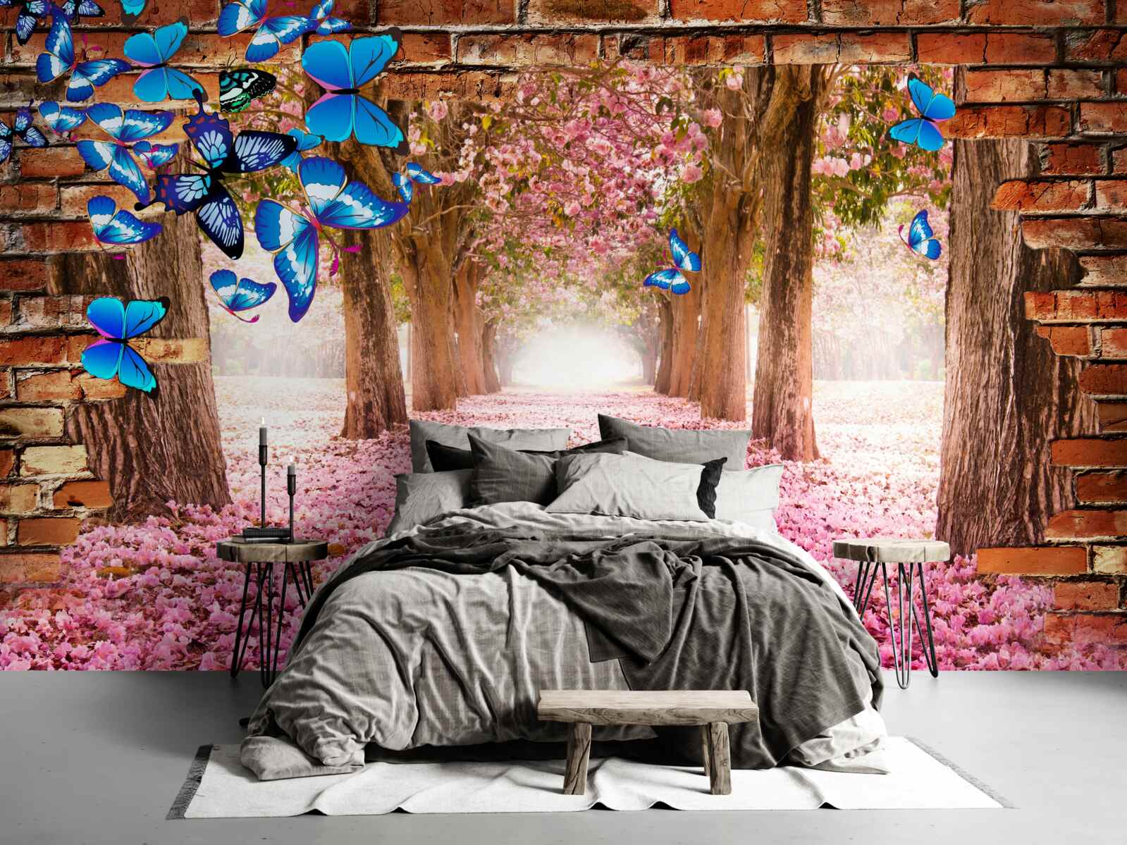 Fotobehang sakura trekt vlinders aan met zijn bloemen