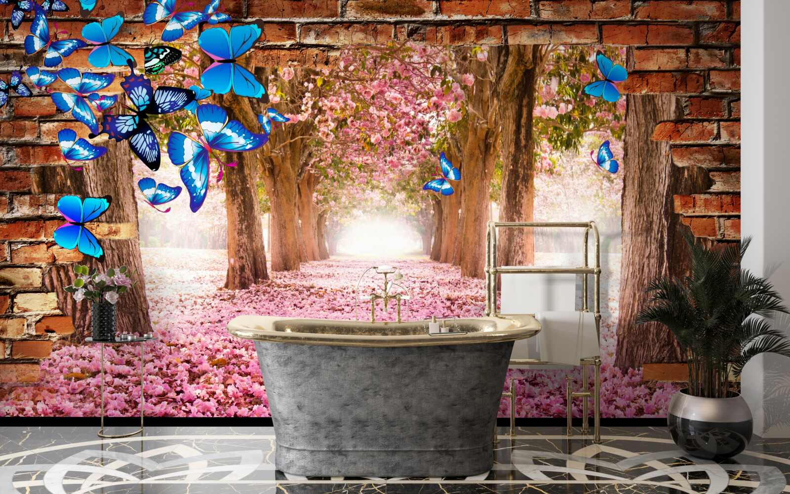 Fotobehang sakura trekt vlinders aan met zijn bloemen