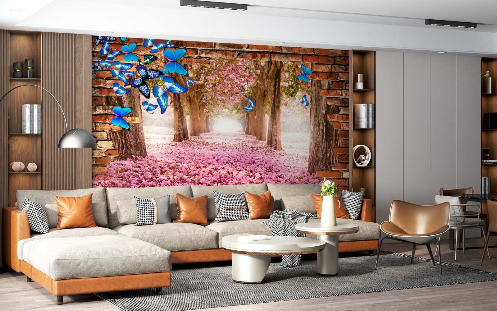 Fotobehang sakura trekt vlinders aan met zijn bloemen