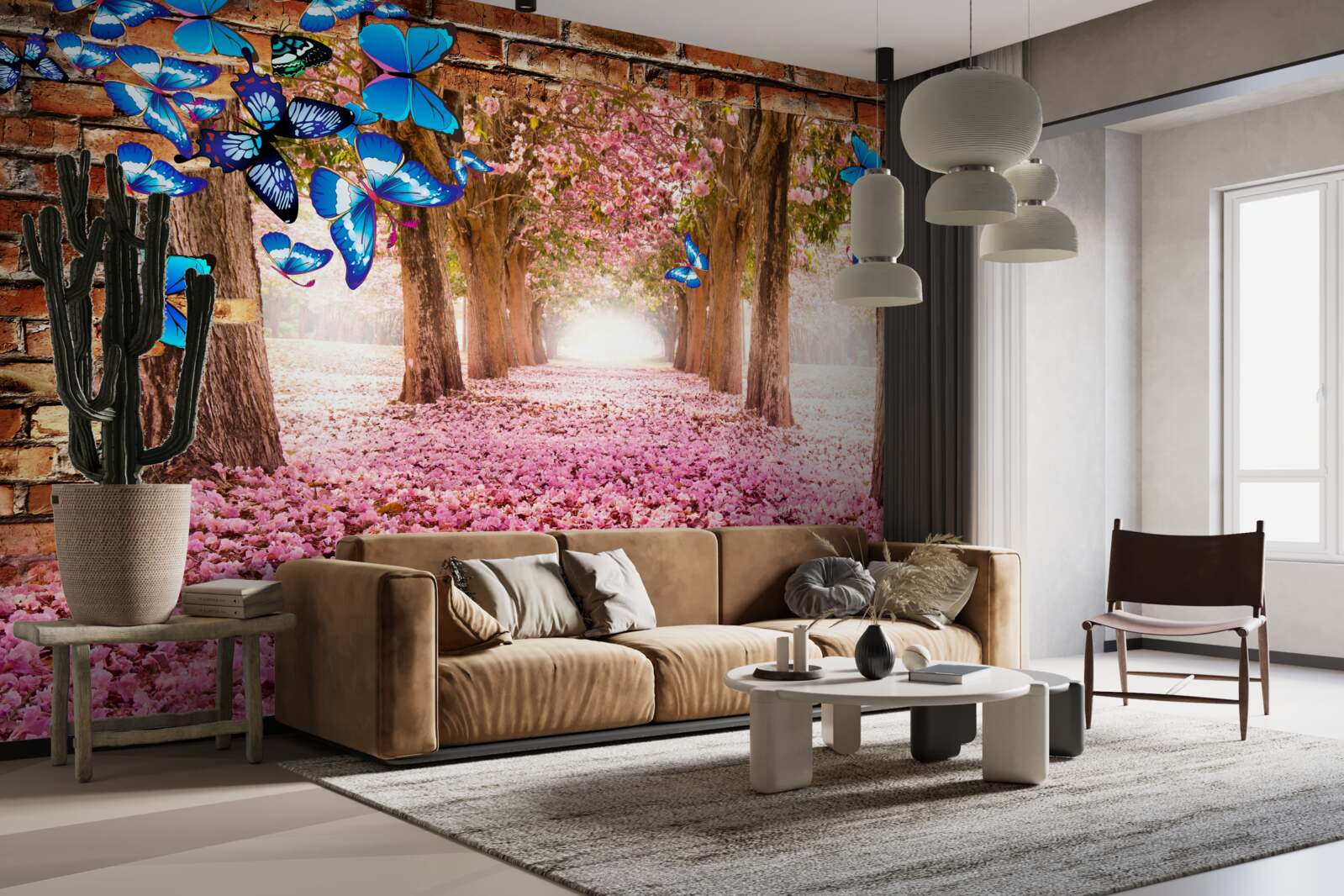 Fotobehang sakura trekt vlinders aan met zijn bloemen
