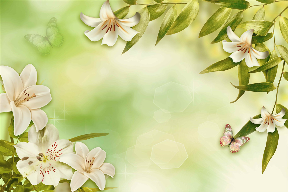 Fotobehang lentebloemen met fladderende vlinders