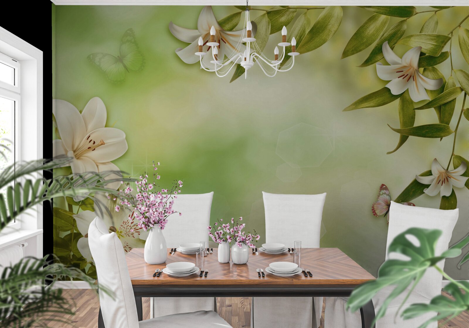 Fotobehang lentebloemen met fladderende vlinders