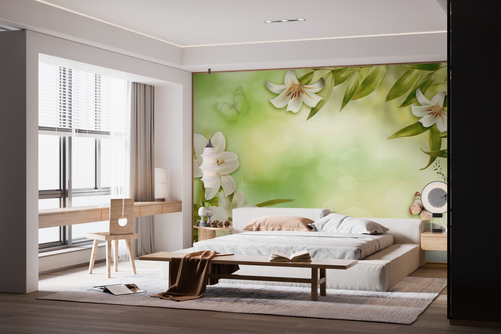 Fotobehang lentebloemen met fladderende vlinders