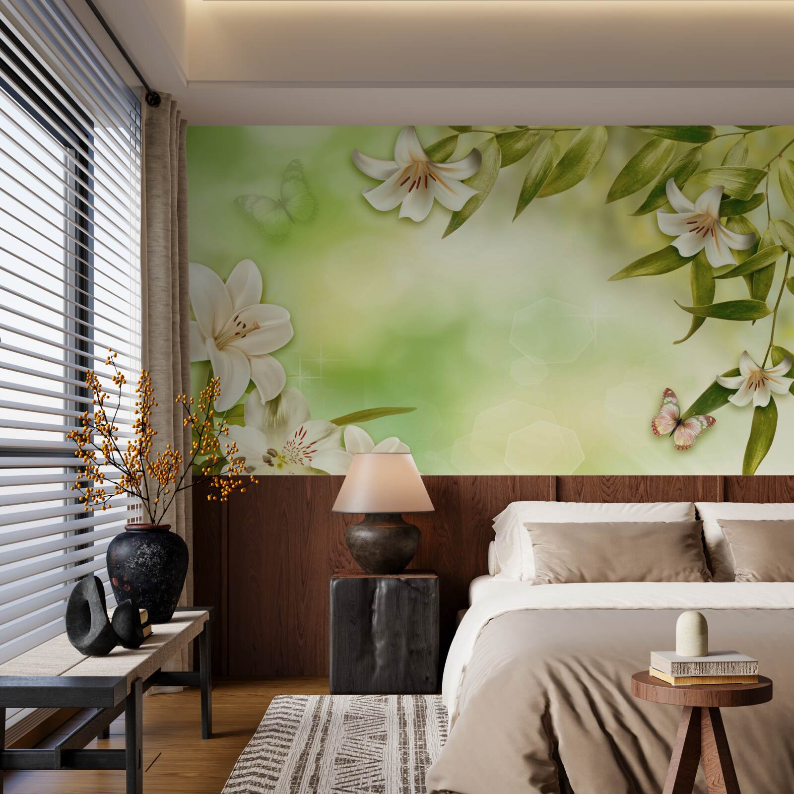 Fotobehang lentebloemen met fladderende vlinders