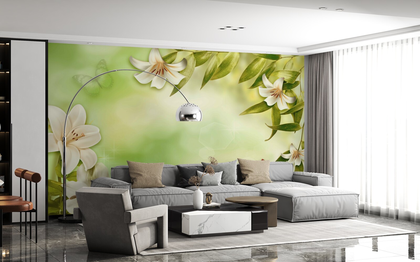 Fotobehang lentebloemen met fladderende vlinders