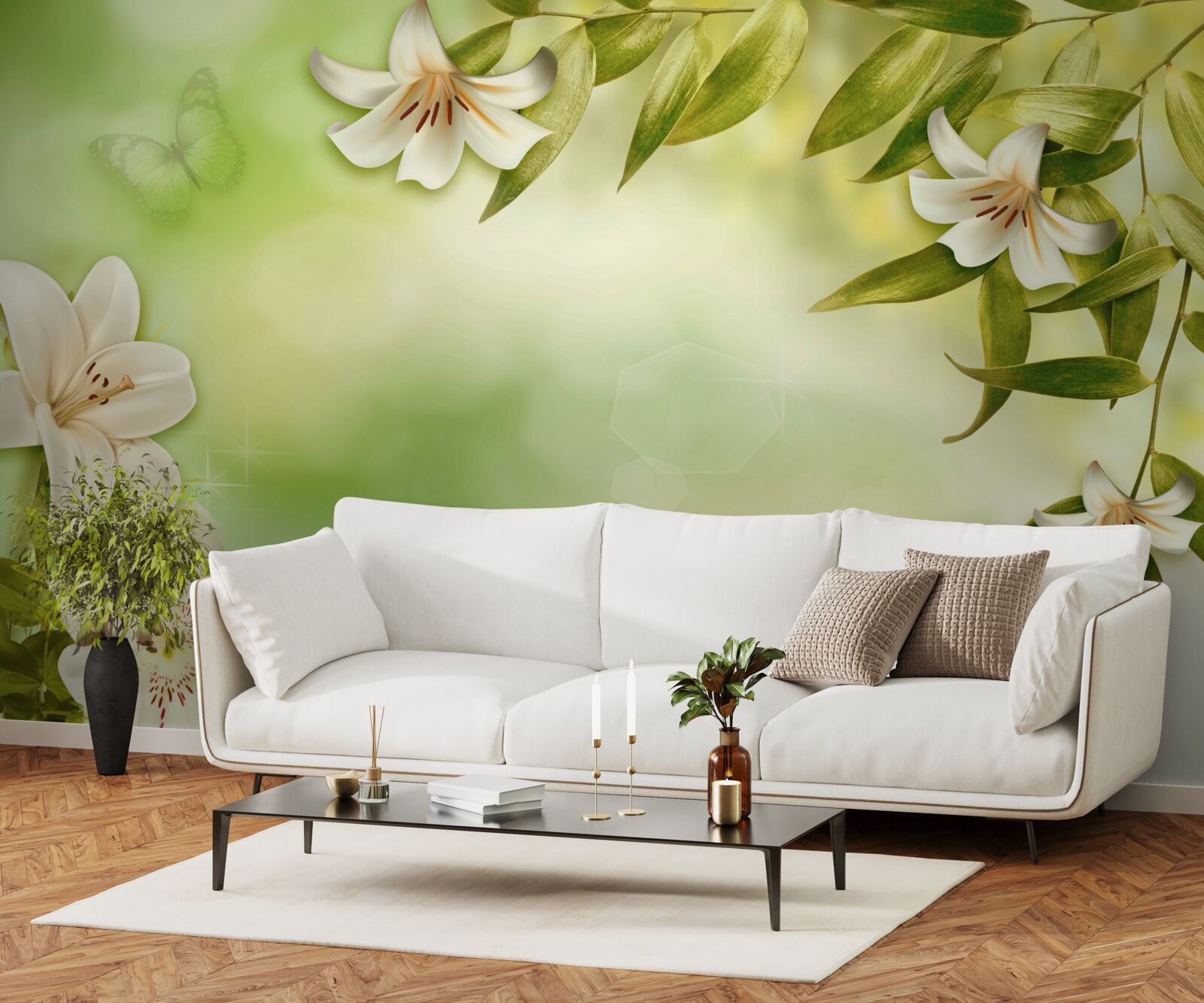 Fotobehang lentebloemen met fladderende vlinders